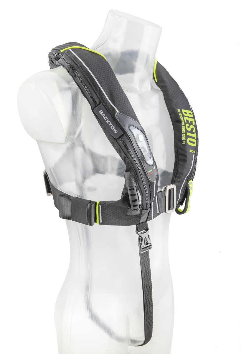 Besto Ultimate Backtow 300N MH automatisch reddingsvest met harnas zwart/geel