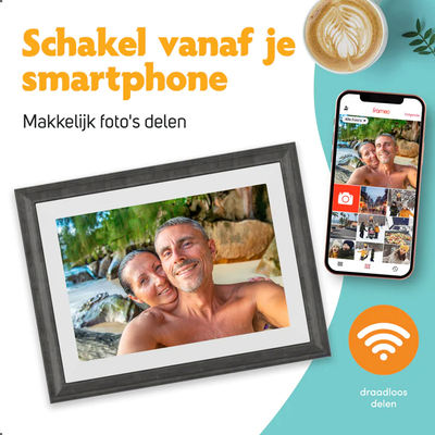 Pora & Co Digitale fotolijst 10 inch met WiFi en Frameo App wit met bruin