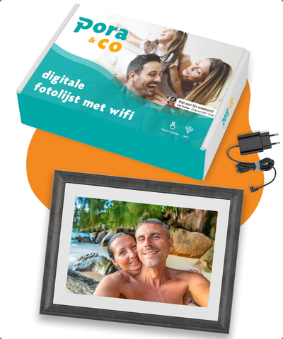 Pora & Co Digitale fotolijst 10 inch met WiFi en Frameo App wit met bruin
